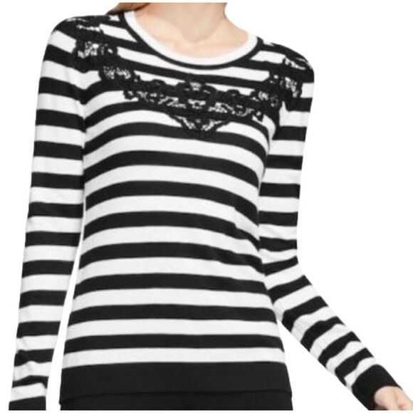 Vince Camuto Sweater with Lace Applique Black White Striped Size Small - Picture 1 of 11